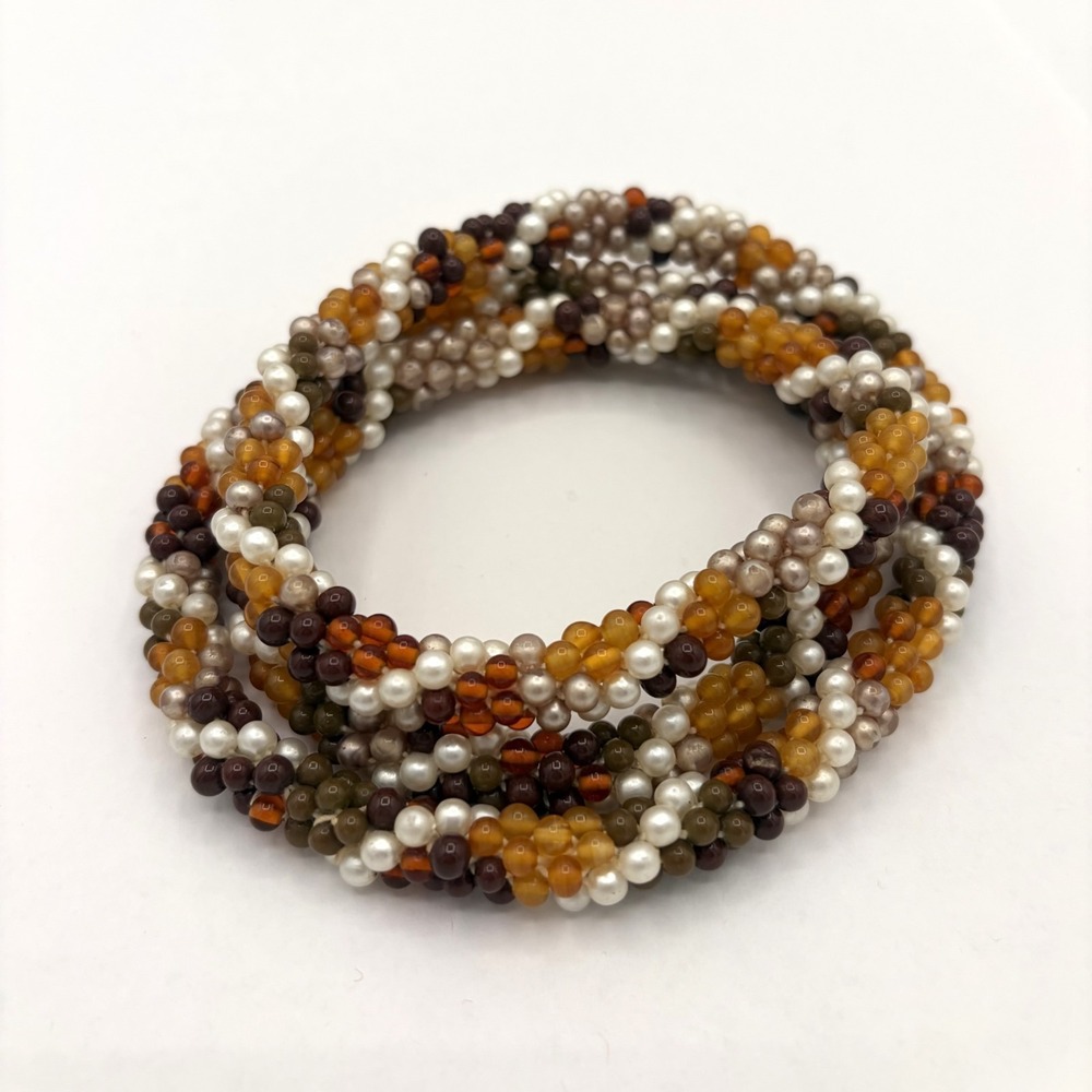 Endless Seed Bead Woven Spiral Rope Necklace Faux Pearl Amber Fall Colors - Picture 2 of 7